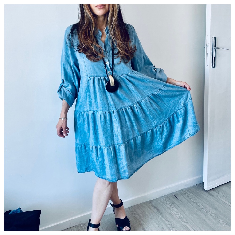 ✨LAST ONE✨MADE IN ITALY CHIC LIGHT JEAN TIERED DRESS - Picture 2 of 6